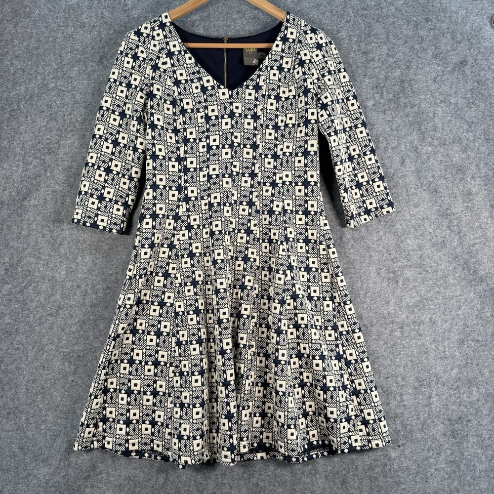 Taylor Women's Dress‎ Size 6 Black Cream Fit & Flare Knit 3/4 Sleeve Knee Length